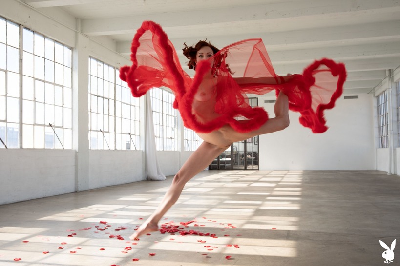 Red-Haired Nude Study with Sheer Fabric and Petals photo 13