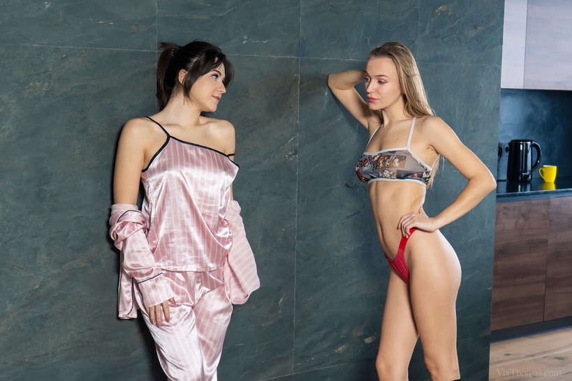 Two Women in Satin Robes for an Intimate Sofa Scene photo 9