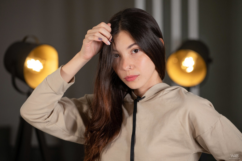 Juliana in a Beige Hoodie and Casual Nude Strip photo 1